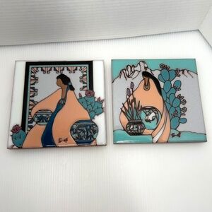 1990 Earthtones Native Woman Pottery and Cacti Ceramic 2 Wall Tile Trivet Tu-oti